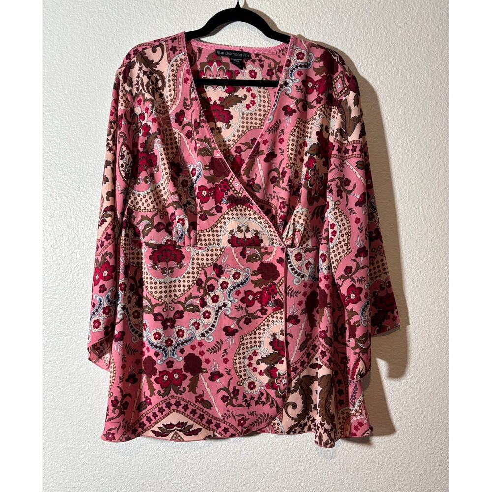Blue Diamond Plus Size 20 Pink Paisley Floral Faux Wrap Surplice Vintage Y2K Top